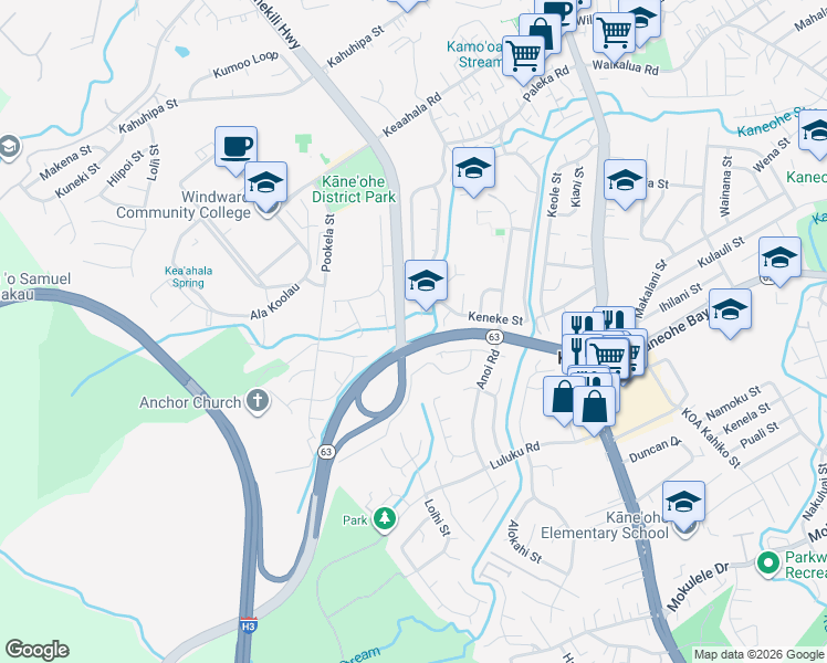 map of restaurants, bars, coffee shops, grocery stores, and more near 45-633 Keneke Street in Kaneohe