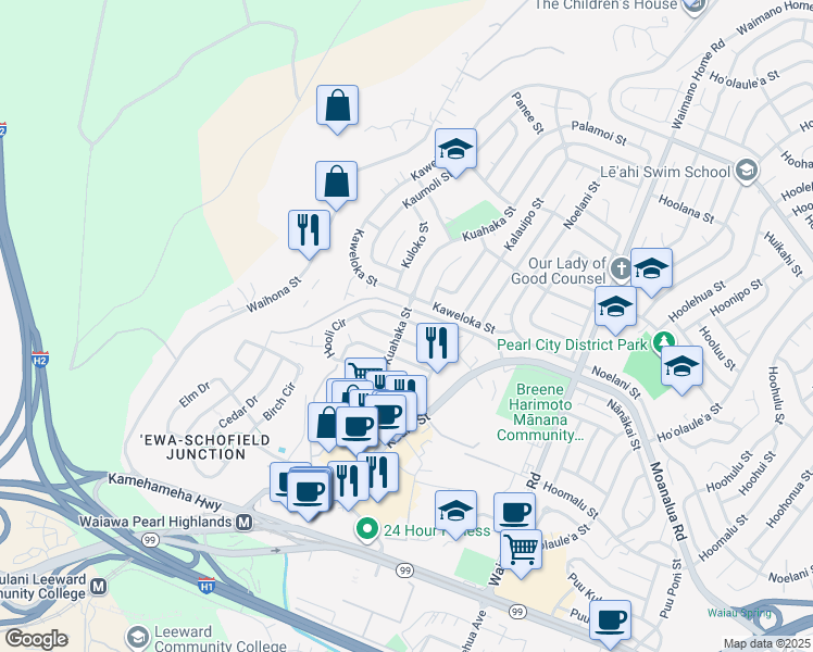 map of restaurants, bars, coffee shops, grocery stores, and more near 1342 Kuahaka Street in Pearl City