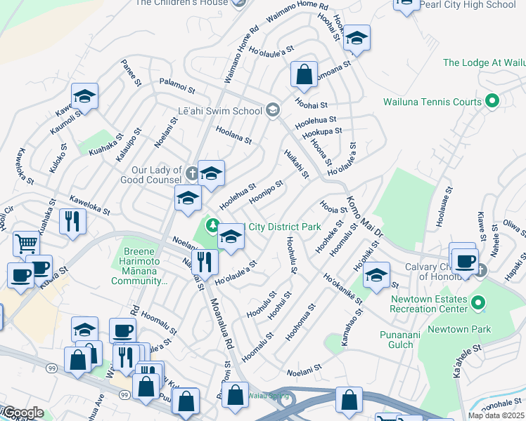 map of restaurants, bars, coffee shops, grocery stores, and more near 1606 Hoopai Place in Pearl City