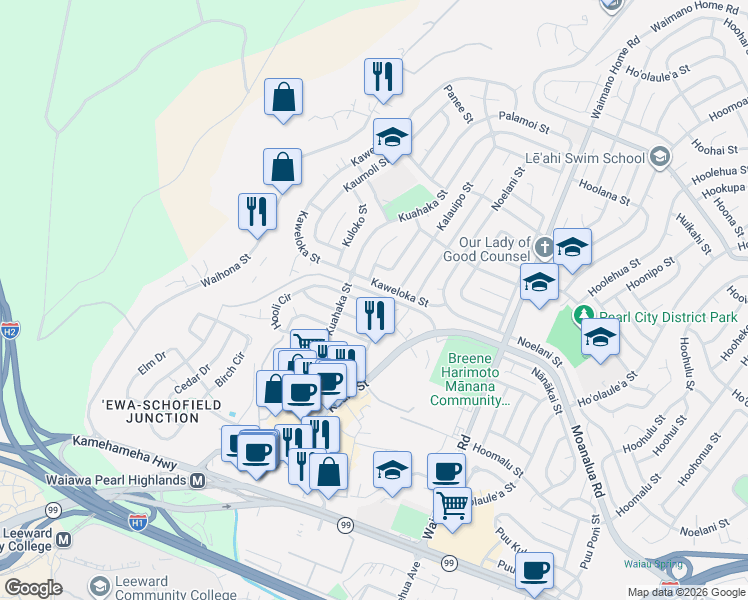 map of restaurants, bars, coffee shops, grocery stores, and more near 1525 Hooli Circle in Pearl City