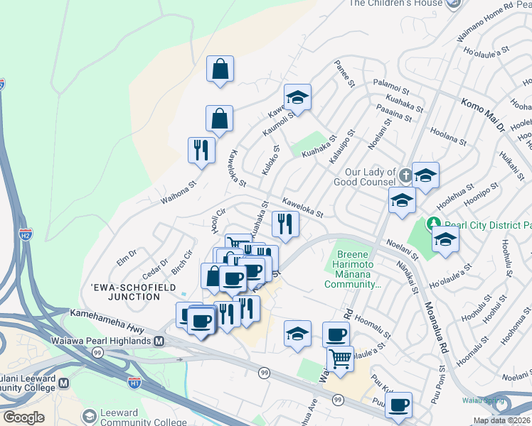 map of restaurants, bars, coffee shops, grocery stores, and more near 1342 Kuahaka Street in Pearl City