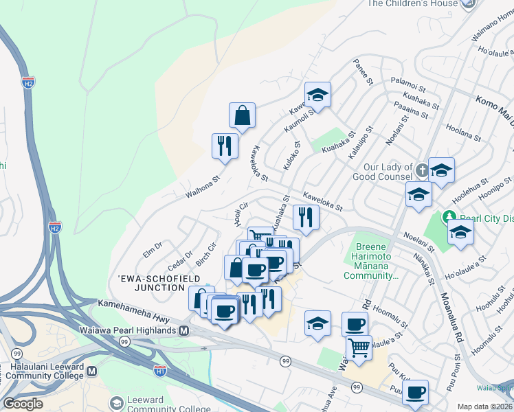 map of restaurants, bars, coffee shops, grocery stores, and more near 1212 Palekaiko Street in Pearl City