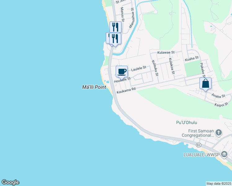 map of restaurants, bars, coffee shops, grocery stores, and more near 87 Kaukama Road in Waianae