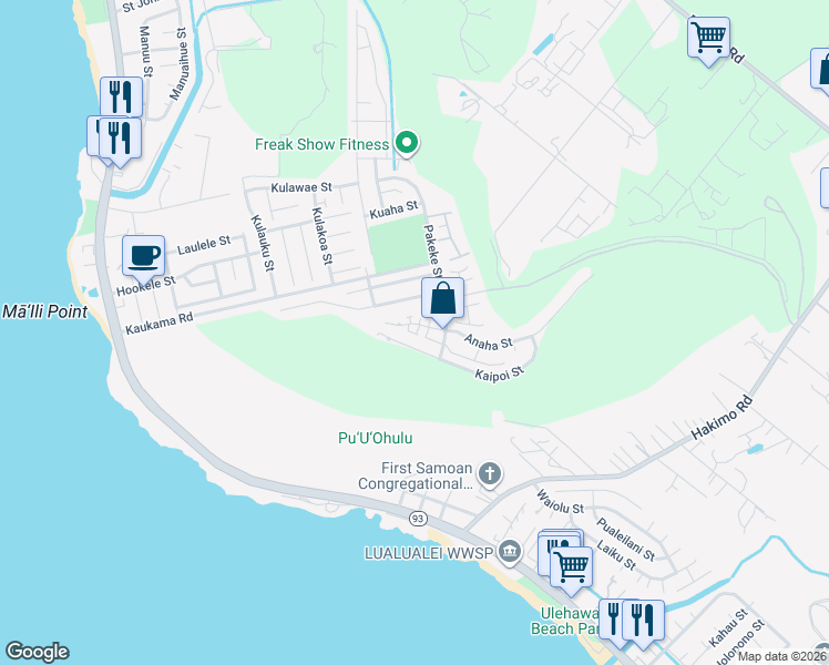 map of restaurants, bars, coffee shops, grocery stores, and more near 87-2225 Pakeke Street in Waianae