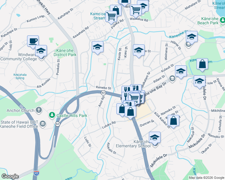 map of restaurants, bars, coffee shops, grocery stores, and more near 45-544 Kapalai Road in Kaneohe