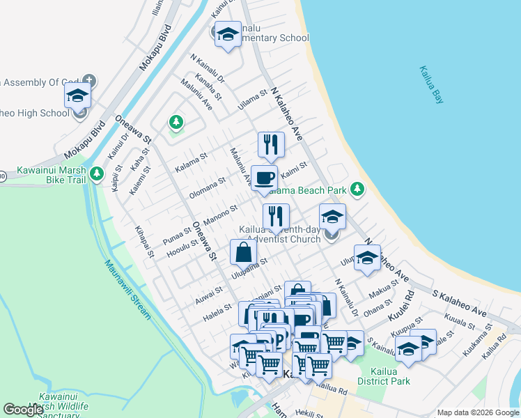 map of restaurants, bars, coffee shops, grocery stores, and more near 324C Hualani Street in Kailua