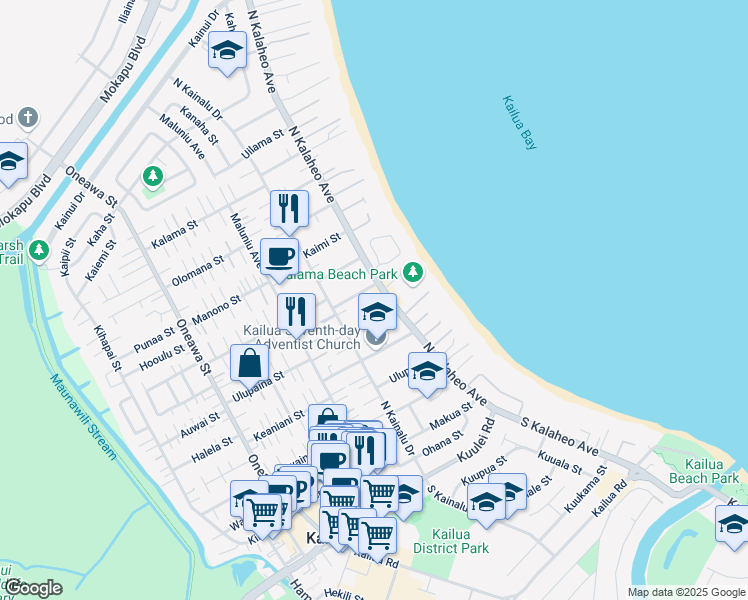 map of restaurants, bars, coffee shops, grocery stores, and more near 132 Hauoli Street in Kailua
