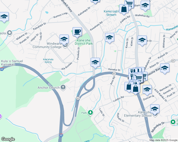 map of restaurants, bars, coffee shops, grocery stores, and more near 45-695 Kuahulu Place in Kaneohe
