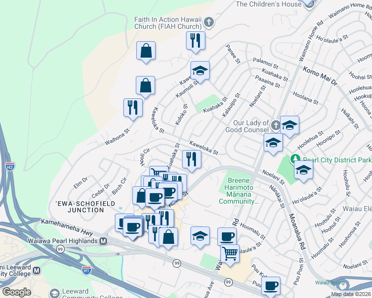 map of restaurants, bars, coffee shops, grocery stores, and more near 1525 Hooli Circle in Pearl City