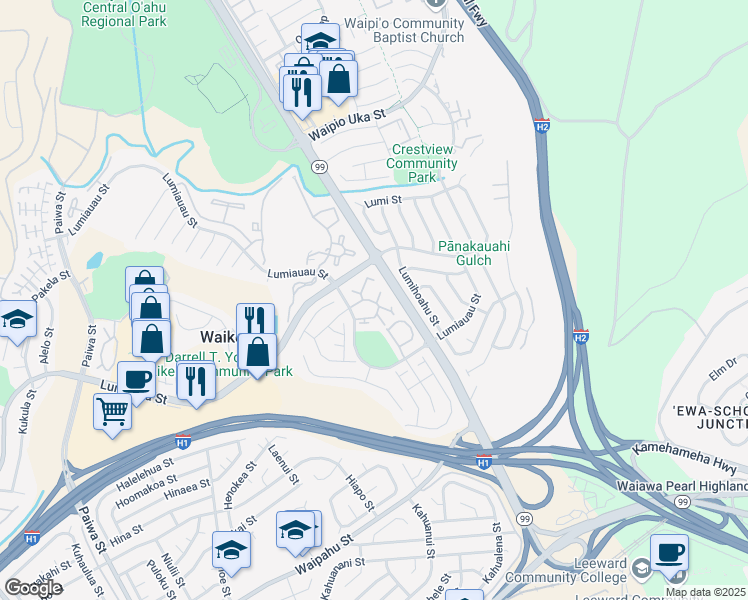 map of restaurants, bars, coffee shops, grocery stores, and more near 94-870 Lumiauau Street in Waipahu
