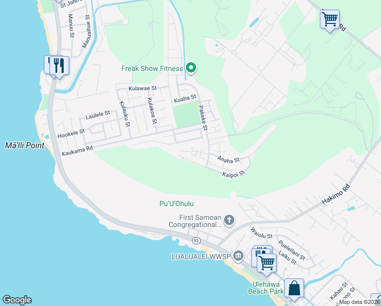 map of restaurants, bars, coffee shops, grocery stores, and more near 87-2225 Pakeke Street in Waianae