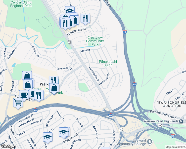 map of restaurants, bars, coffee shops, grocery stores, and more near 94-967 Lumihoahu Street in Waipahu