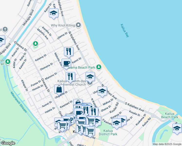 map of restaurants, bars, coffee shops, grocery stores, and more near 132 Hauoli Street in Kailua