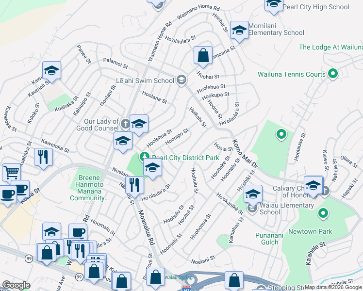 map of restaurants, bars, coffee shops, grocery stores, and more near 1606 Hoopai Place in Pearl City