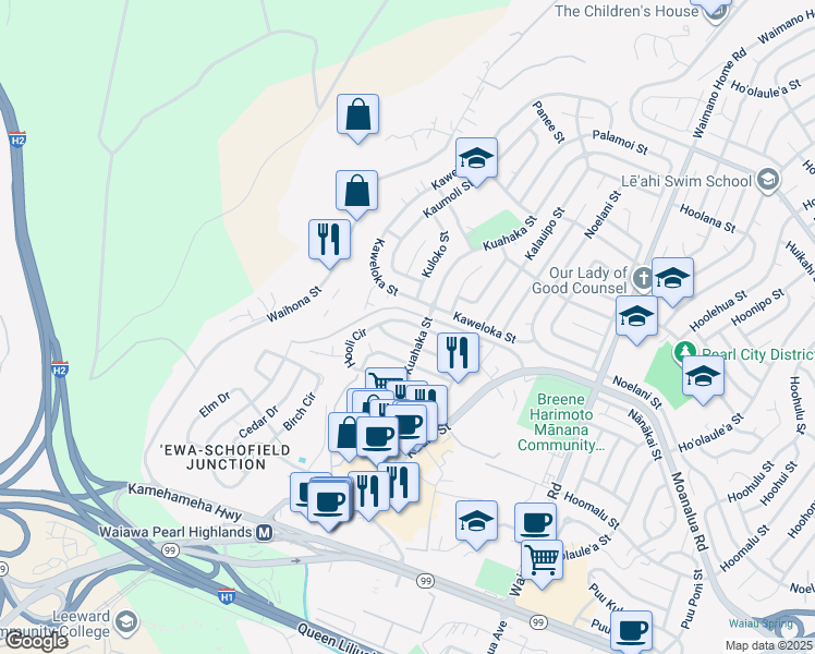 map of restaurants, bars, coffee shops, grocery stores, and more near 1342 Kuahaka Street in Pearl City