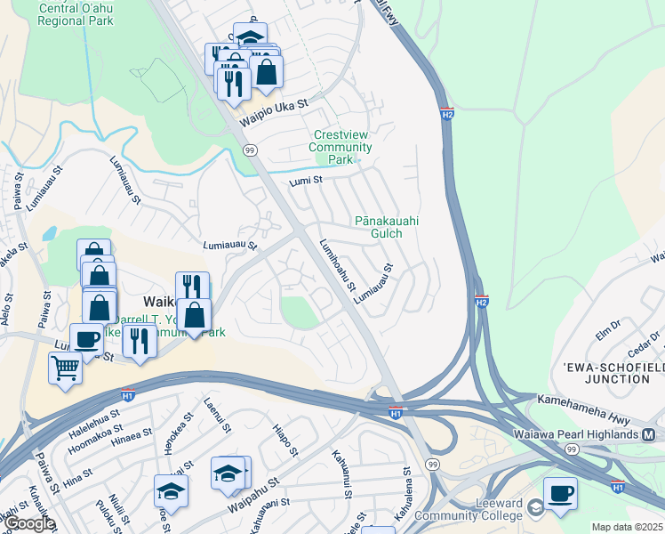 map of restaurants, bars, coffee shops, grocery stores, and more near 94-967 Lumihoahu Street in Waipahu