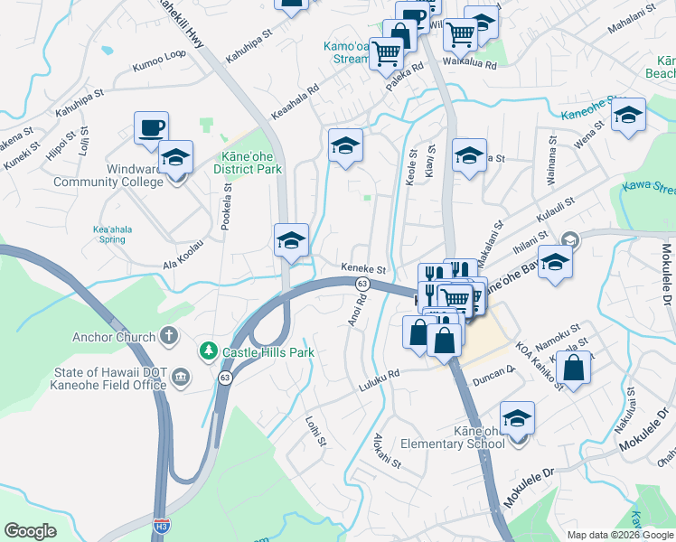 map of restaurants, bars, coffee shops, grocery stores, and more near 45-726 Hinamoe Loop in Kaneohe