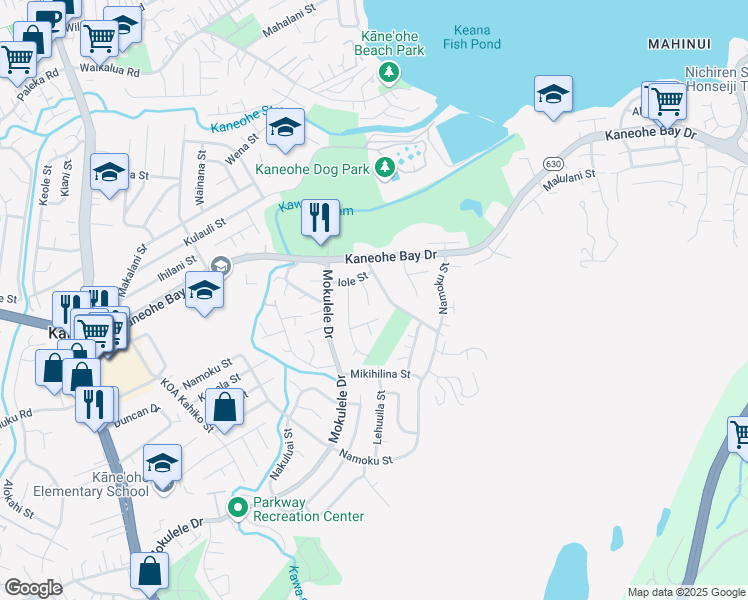 map of restaurants, bars, coffee shops, grocery stores, and more near 45-130 Iole Place in Kaneohe