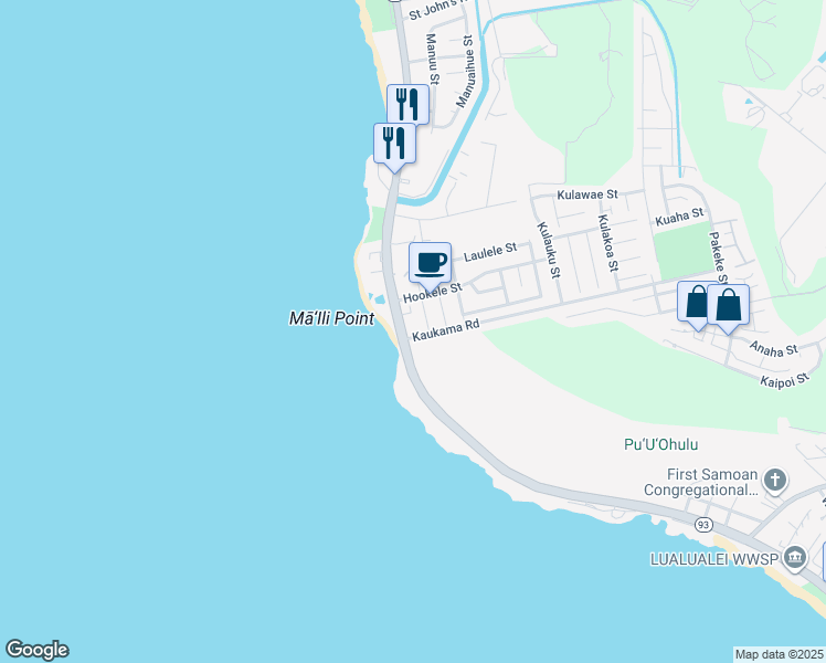map of restaurants, bars, coffee shops, grocery stores, and more near 87 Kaukama Road in Waianae