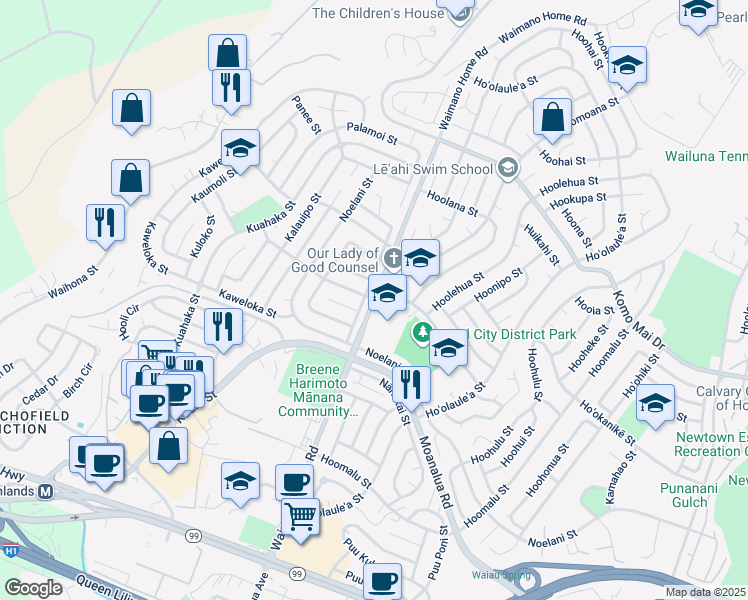 map of restaurants, bars, coffee shops, grocery stores, and more near 846 Leomele Street in Pearl City