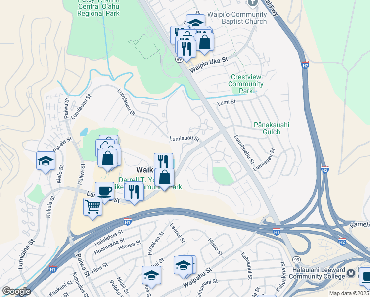 map of restaurants, bars, coffee shops, grocery stores, and more near 94-823 Lumiauau Street in Waipahu