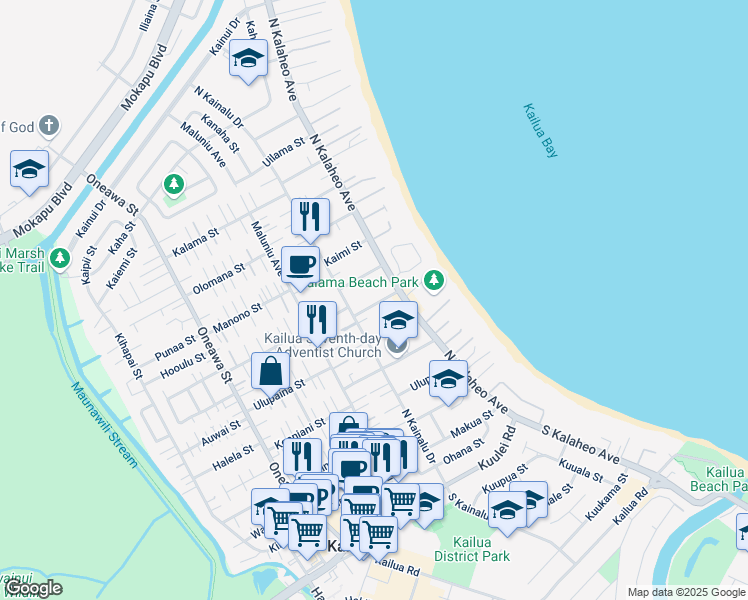 map of restaurants, bars, coffee shops, grocery stores, and more near 143 Kaluamoo Street in Kailua