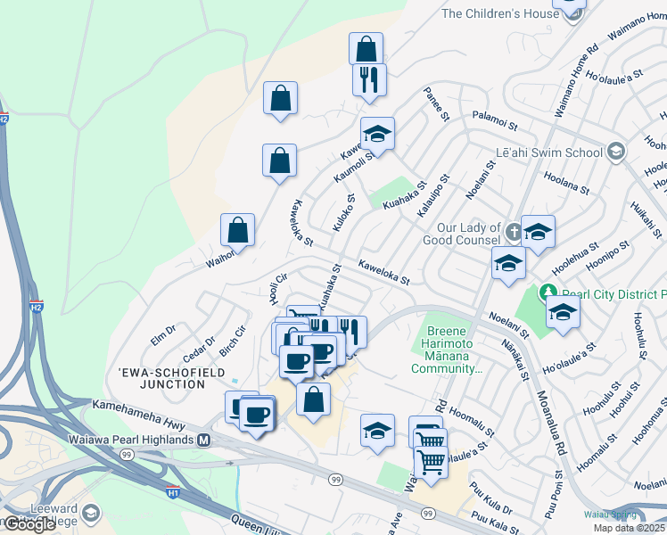 map of restaurants, bars, coffee shops, grocery stores, and more near 1175 Kaweloka Street in Pearl City