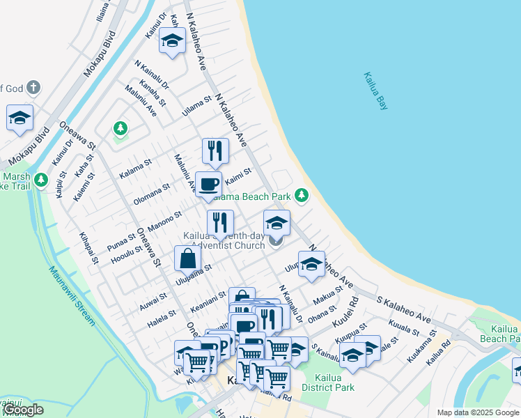 map of restaurants, bars, coffee shops, grocery stores, and more near 311 North Kalaheo Avenue in Kailua