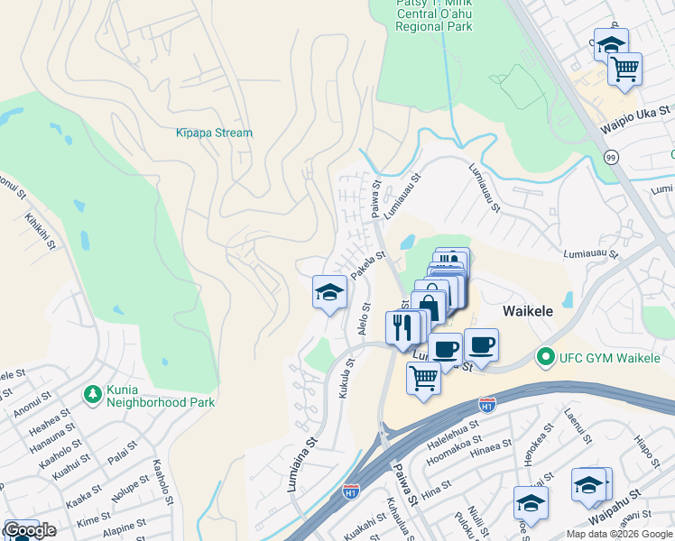 map of restaurants, bars, coffee shops, grocery stores, and more near 94-1019 Maiau Street in Waipahu