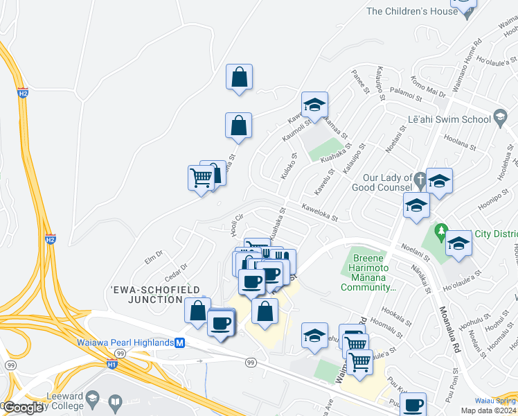 map of restaurants, bars, coffee shops, grocery stores, and more near 1198 Hooli Circle in Pearl City