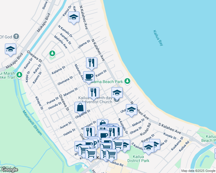 map of restaurants, bars, coffee shops, grocery stores, and more near 143 Kaluamoo Street in Kailua