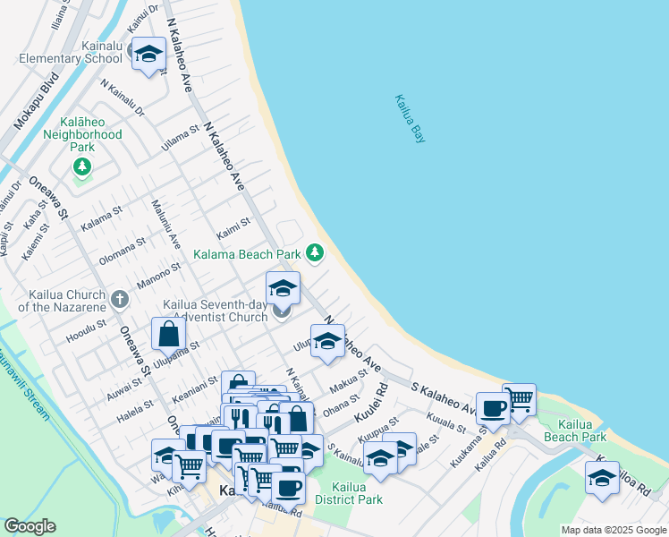 map of restaurants, bars, coffee shops, grocery stores, and more near 20 Kalaka Place in Kailua