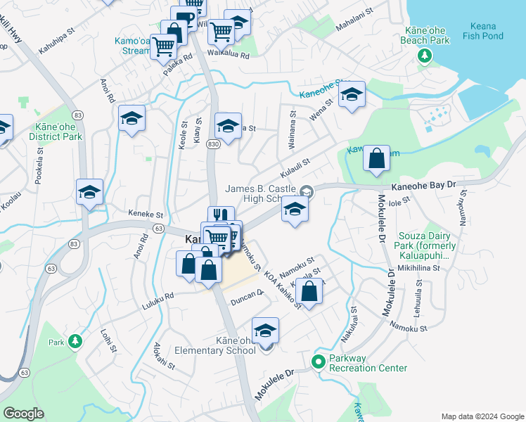 map of restaurants, bars, coffee shops, grocery stores, and more near 45-411 Kaneohe Bay Drive in Kaneohe