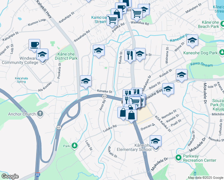 map of restaurants, bars, coffee shops, grocery stores, and more near 45-721 Anoi Road in Kaneohe
