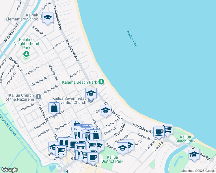 map of restaurants, bars, coffee shops, grocery stores, and more near 21 Kalaka Place in Kailua