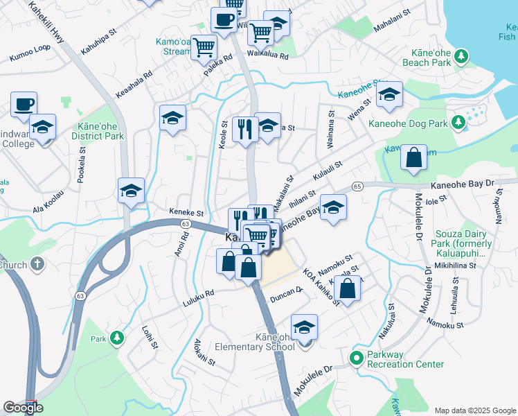 map of restaurants, bars, coffee shops, grocery stores, and more near 45-671 Kamehameha Highway in Kaneohe