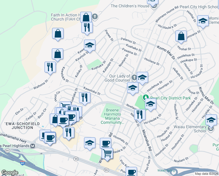 map of restaurants, bars, coffee shops, grocery stores, and more near 957 Leomele Street in Pearl City
