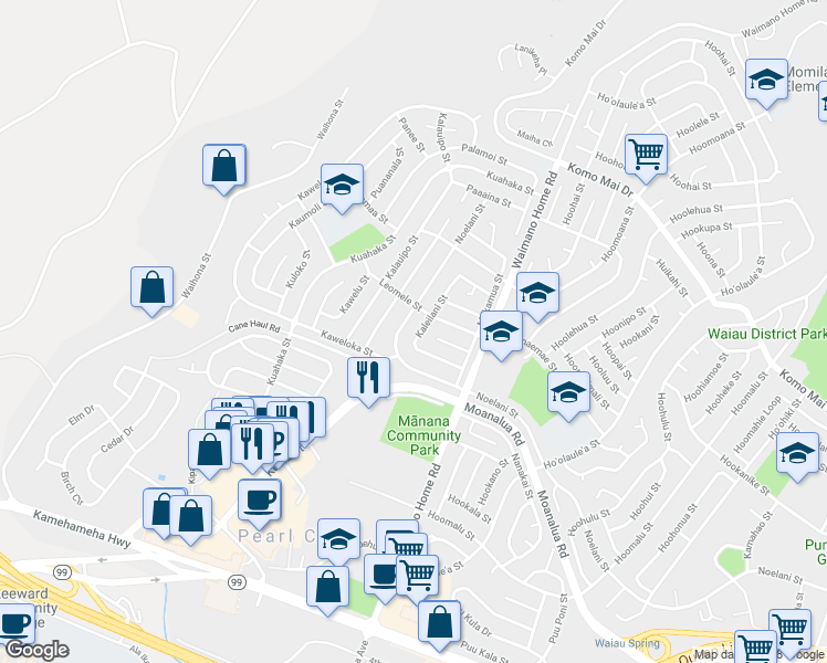 map of restaurants, bars, coffee shops, grocery stores, and more near 957 Leomele Street in Pearl City