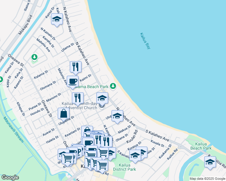 map of restaurants, bars, coffee shops, grocery stores, and more near 248 North Kalaheo Avenue in Kailua