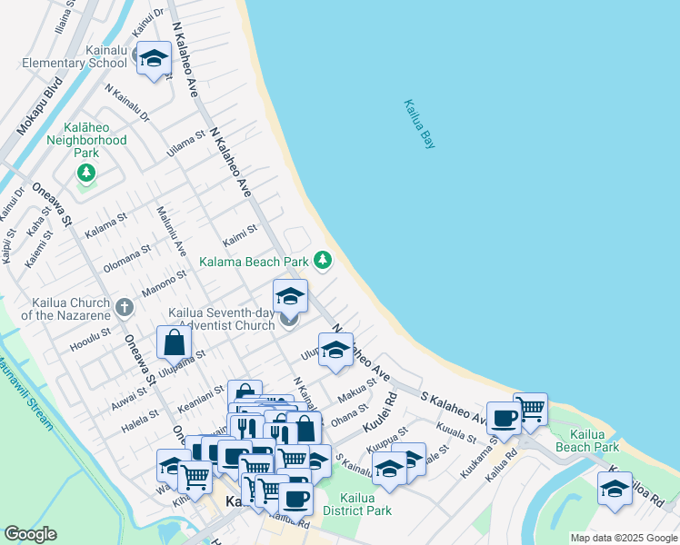 map of restaurants, bars, coffee shops, grocery stores, and more near 20 Kalaka Place in Kailua