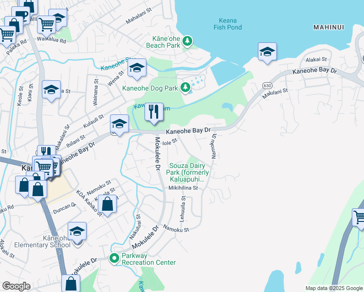 map of restaurants, bars, coffee shops, grocery stores, and more near 45-215 Keana Road in Kaneohe