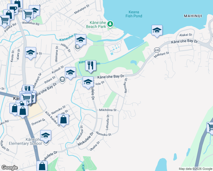 map of restaurants, bars, coffee shops, grocery stores, and more near 45-215 Keana Road in Kaneohe