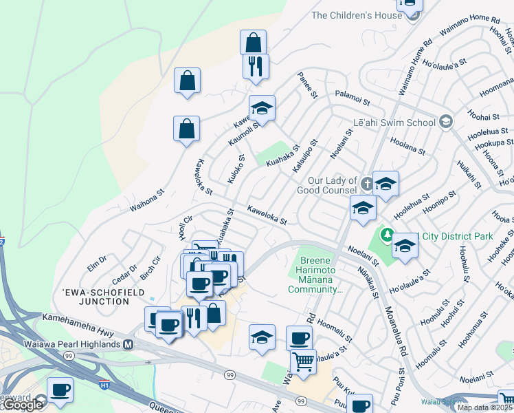 map of restaurants, bars, coffee shops, grocery stores, and more near 1410 Kanihi Street in Pearl City