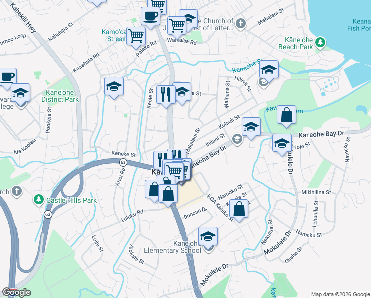 map of restaurants, bars, coffee shops, grocery stores, and more near 45-665 Kamehameha Highway in Kaneohe