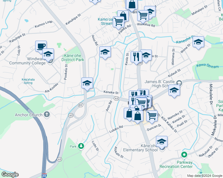 map of restaurants, bars, coffee shops, grocery stores, and more near 45-716 Anoi Road in Kaneohe