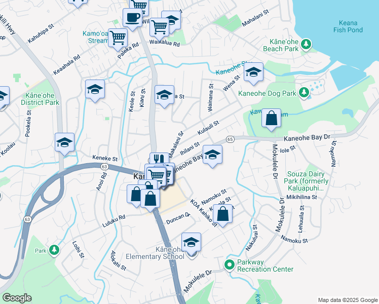 map of restaurants, bars, coffee shops, grocery stores, and more near 45-411 Kaneohe Bay Drive in Kaneohe