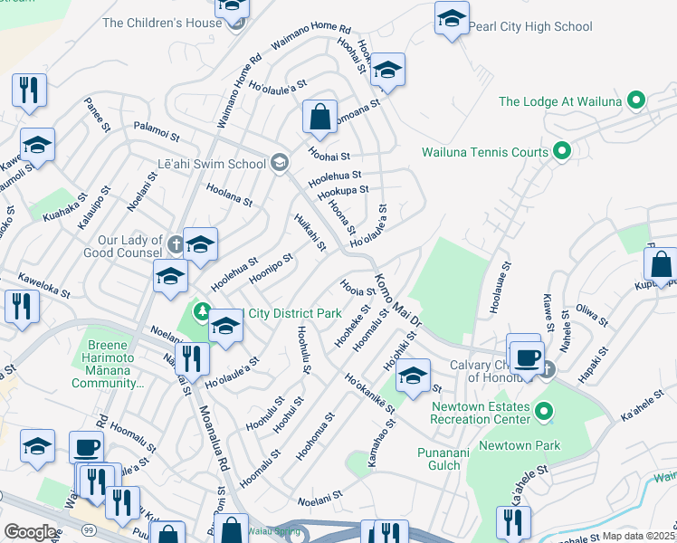 map of restaurants, bars, coffee shops, grocery stores, and more near 1680 Hoohulu Street in Pearl City