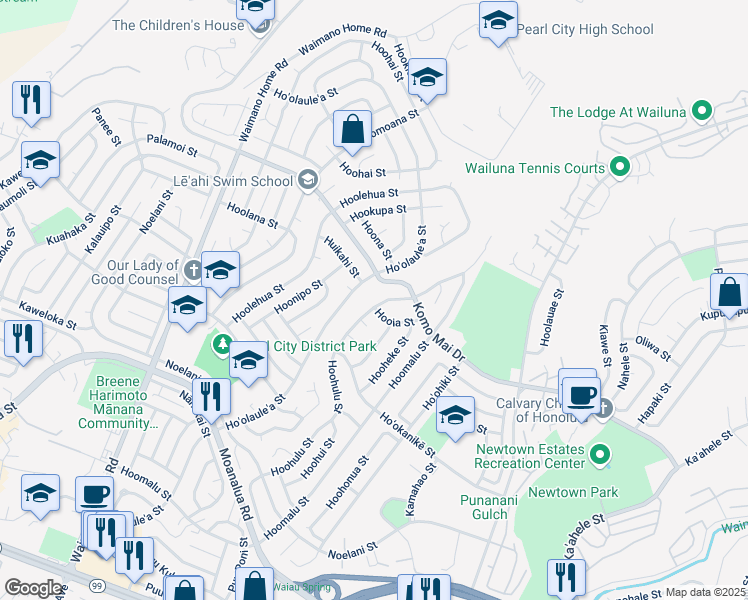 map of restaurants, bars, coffee shops, grocery stores, and more near 1680 Hoohulu Street in Pearl City