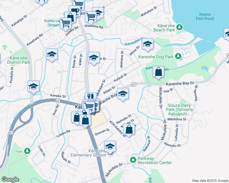 map of restaurants, bars, coffee shops, grocery stores, and more near 45-411 Kaneohe Bay Drive in Kaneohe