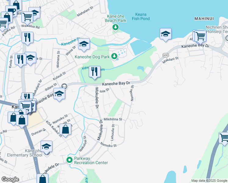 map of restaurants, bars, coffee shops, grocery stores, and more near 45-215 Keana Road in Kaneohe
